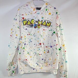 Pac-Man Mens White Rainbow Paint Splatter Arcade‎ Graphic Hoodie Large Bandai